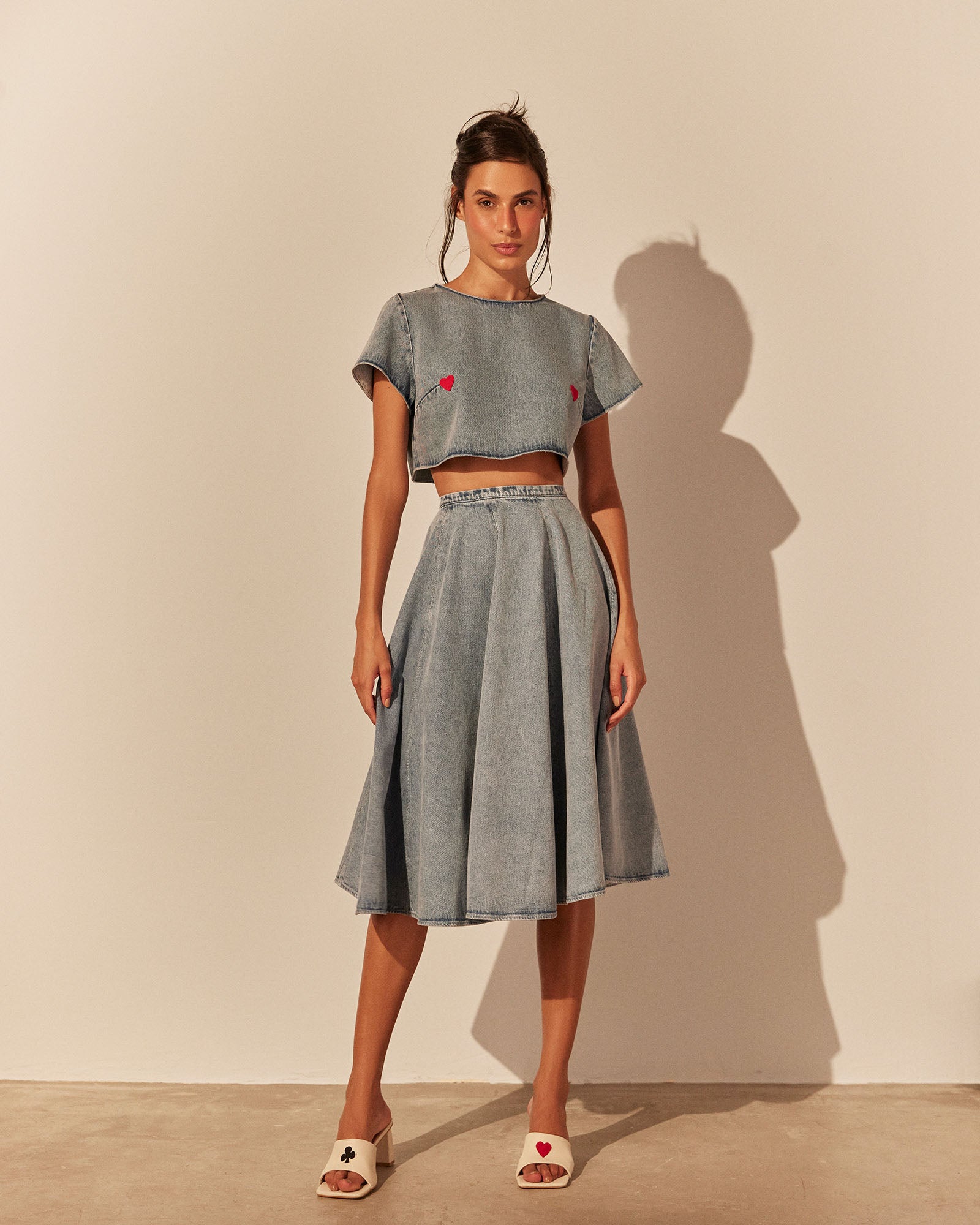 Camiseta Cropped Jeans Copas - Azul Céu Nublado - Hand Lace